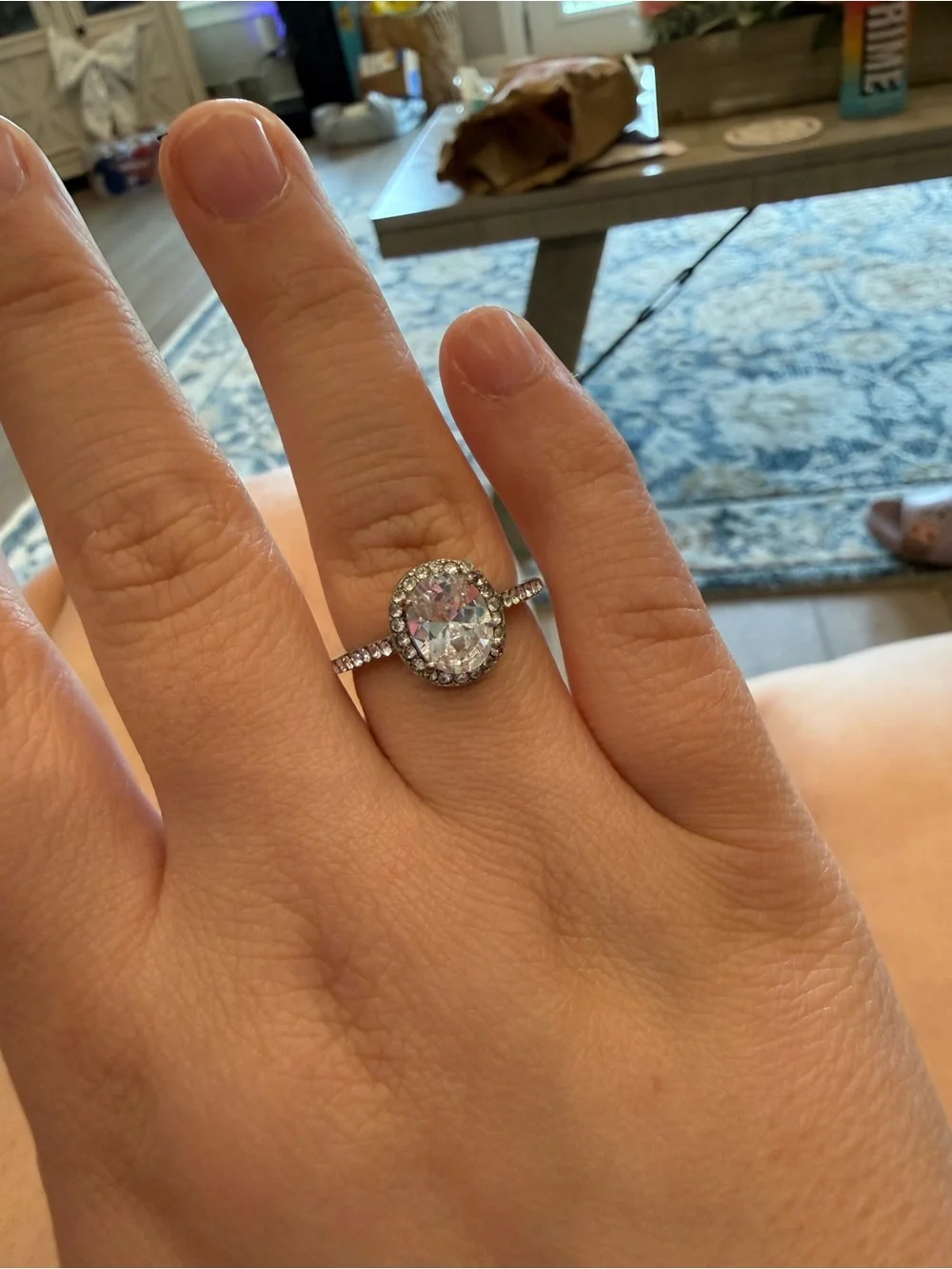 Sparkling Oval Halo Solitaire Ring in Silver - Clear Crystal Size 9